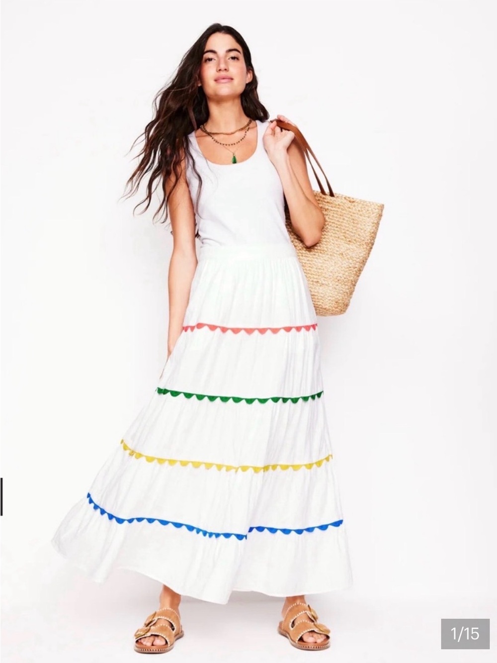 Boden Nadia Double Cloth White Maxi Skirt with Rainbow Multicolor Ric Rac 6L